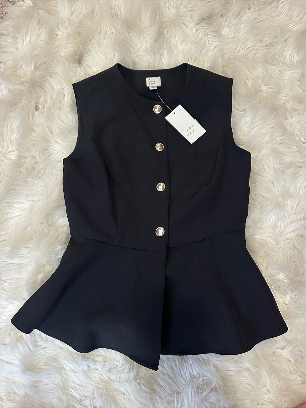 a new day Black Sleeveless Peplum Top with Gold Button